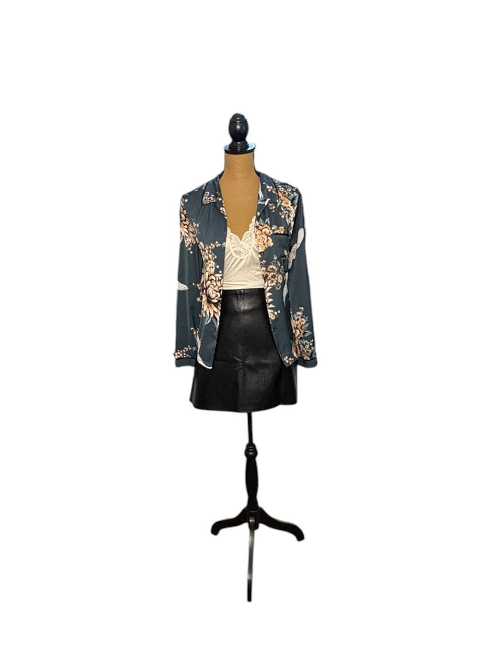 Cynthia Rowley Floral Crane Satin Pajama Shirt Top Blazer Whimsigoth M